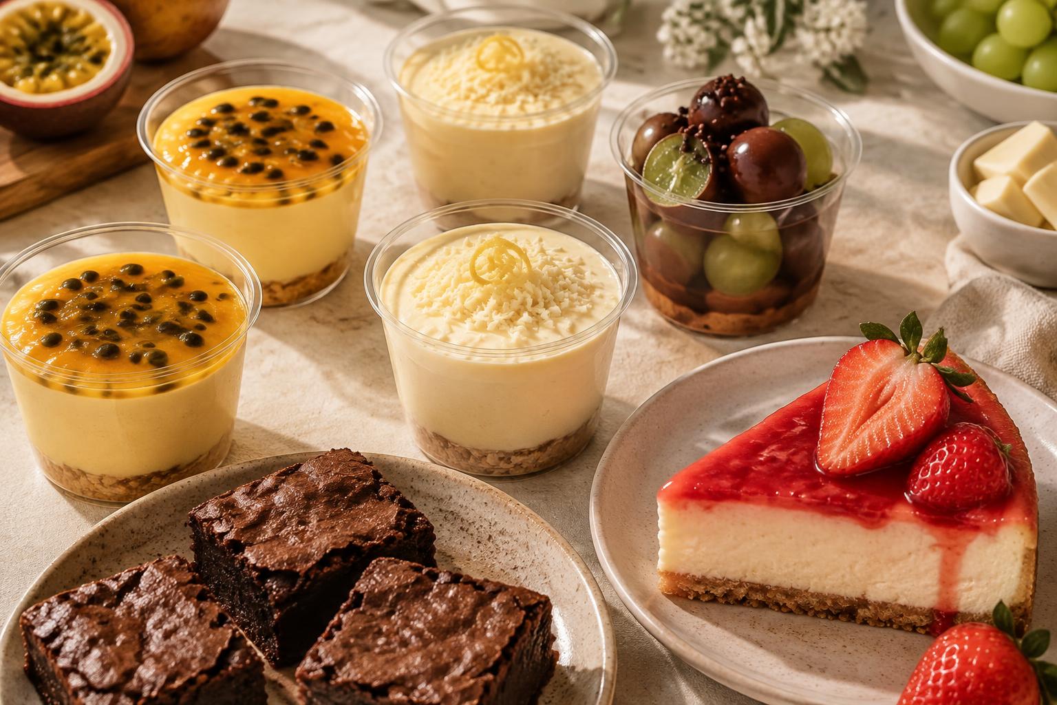 Mesa com potes de mousse de maracujá, mousse de limão, brownie, cheesecake de morango e bombom de uva