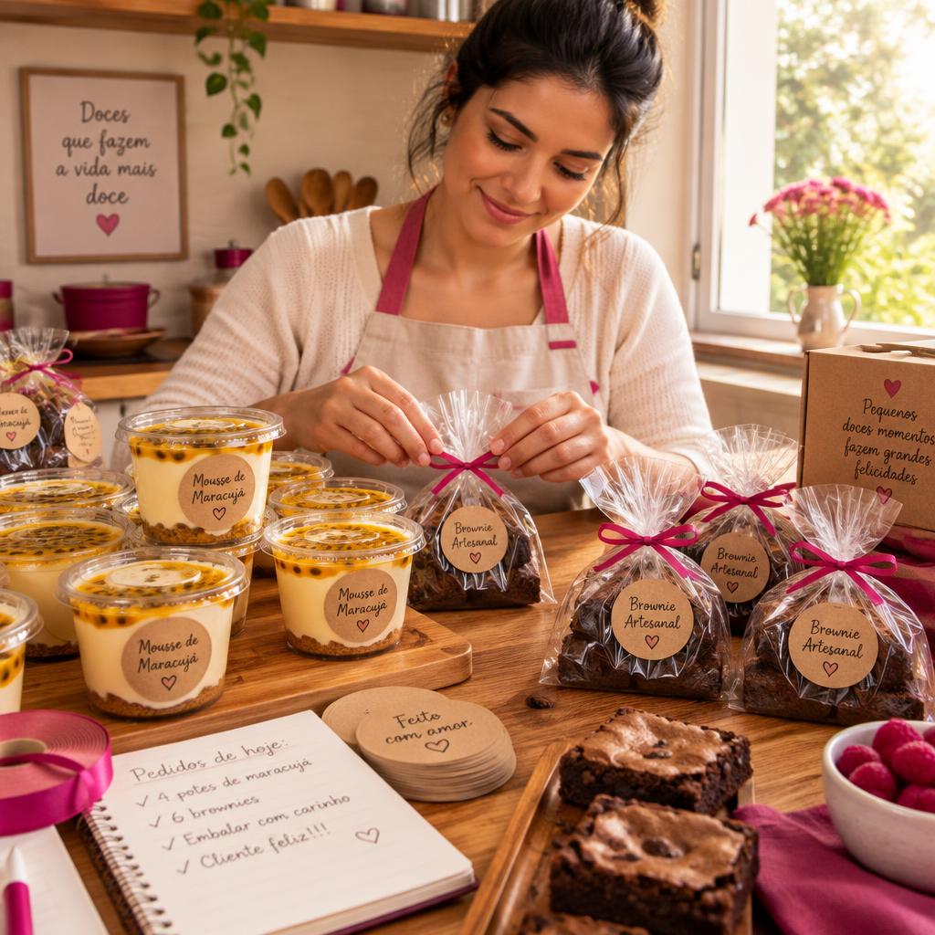 Confeiteira embalando potes de mousse e brownies com fitas e etiquetas na cozinha de casa